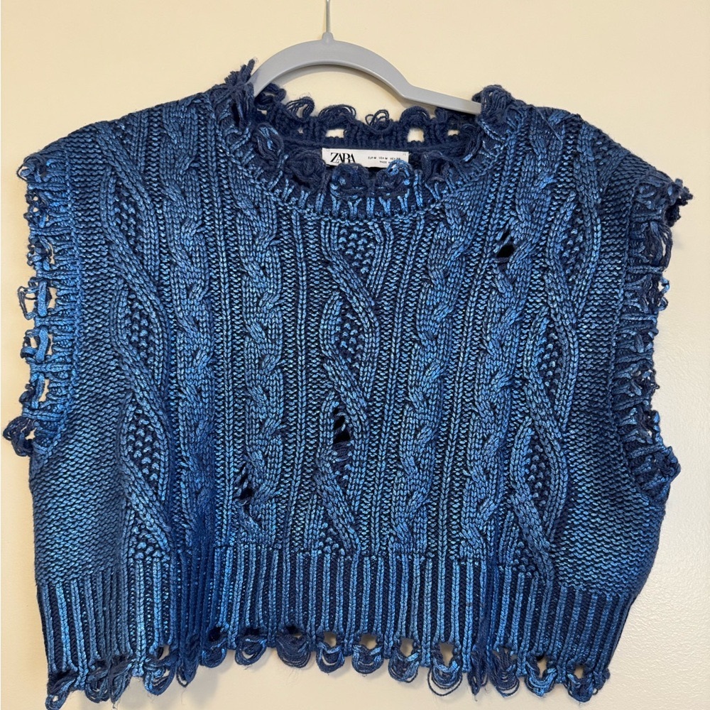 ZARA blue cropped metallic sweater